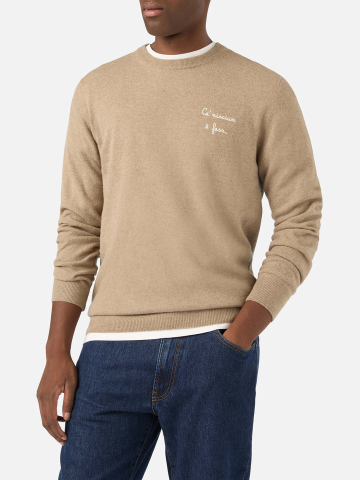 Maglia girocollo Heron Light beige in misto lana e cashmere con ricamo Ca' Nisciun È Fess | Special edition