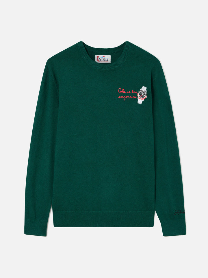 Pull col rond Green Heron en mélange de laine légère et cachemire avec broderie montre 