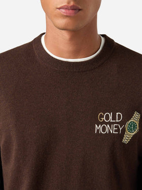 Maglia girocollo Heron Light marrone in misto lana e cashmere con ricamo Gold Money