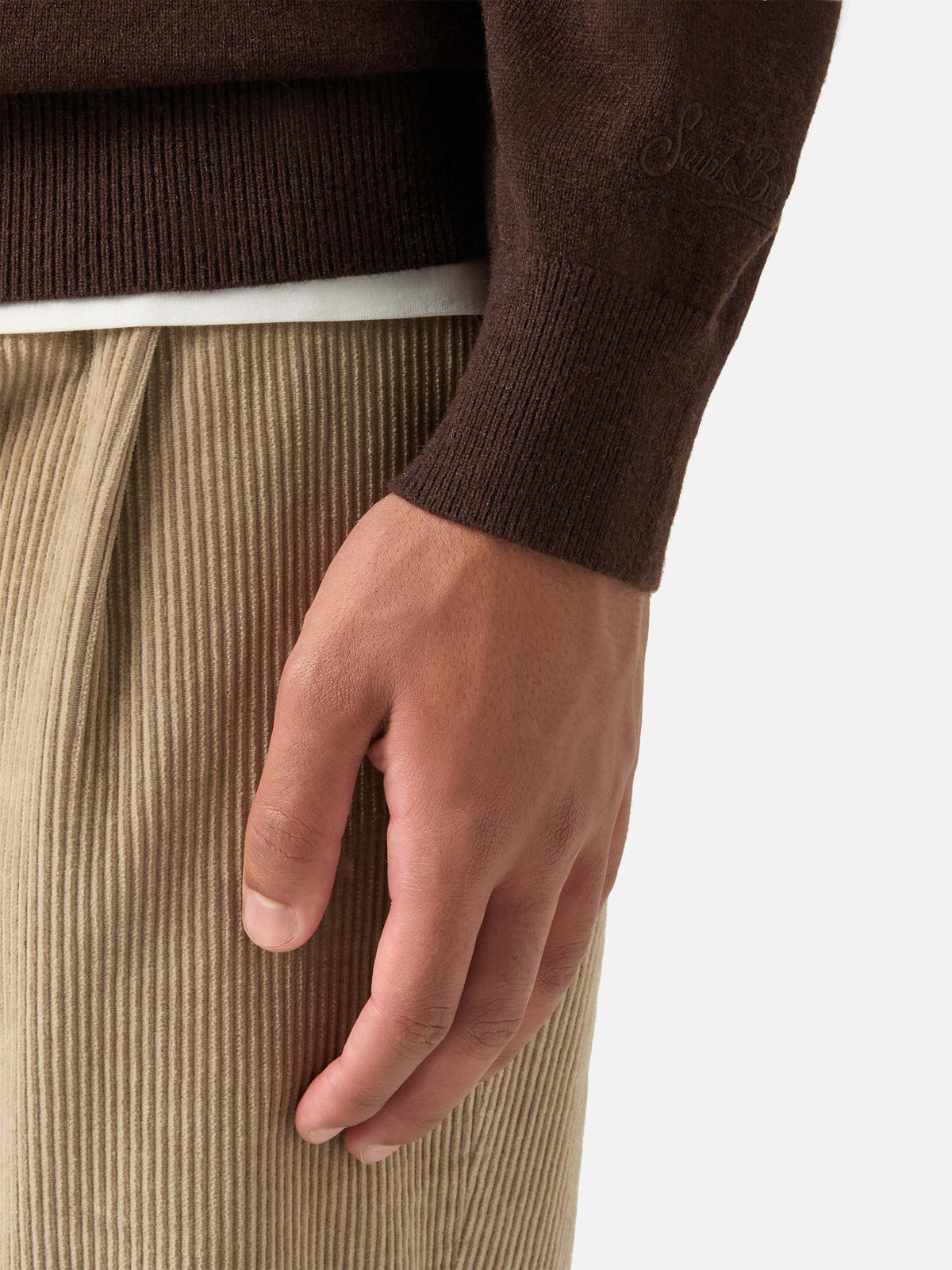 Maglia girocollo Heron Light marrone in misto lana e cashmere con ricamo Gold Money