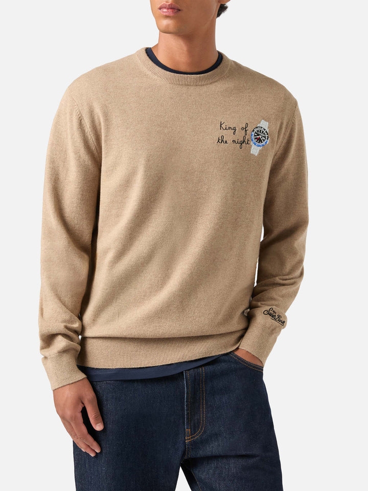 Pull col rond Beige Heron en mélange léger de laine et cachemire avec broderie King Of The Night 