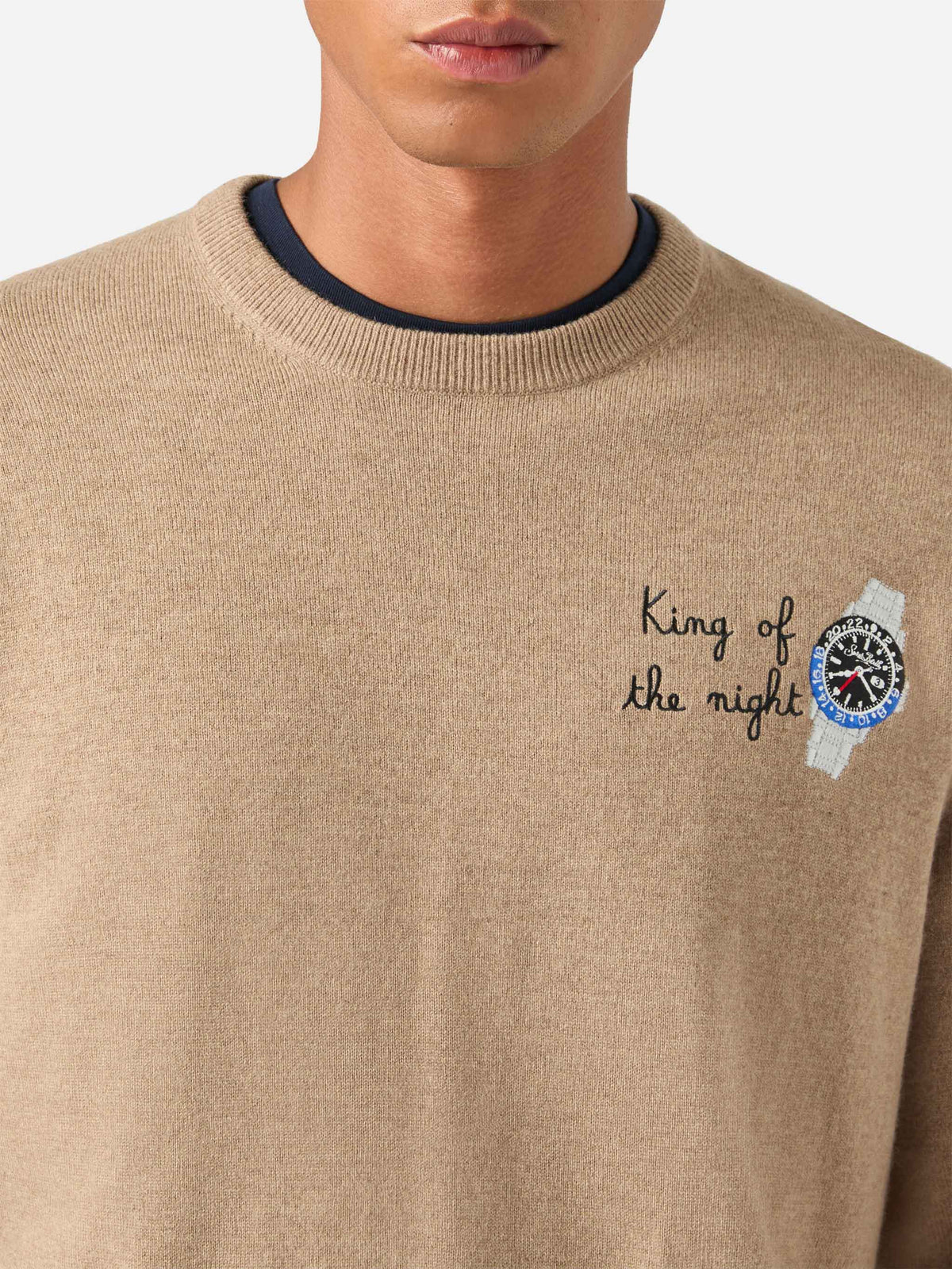 Beige Heron Light wool and cashmere blend crewneck with King Of The Night embroidery