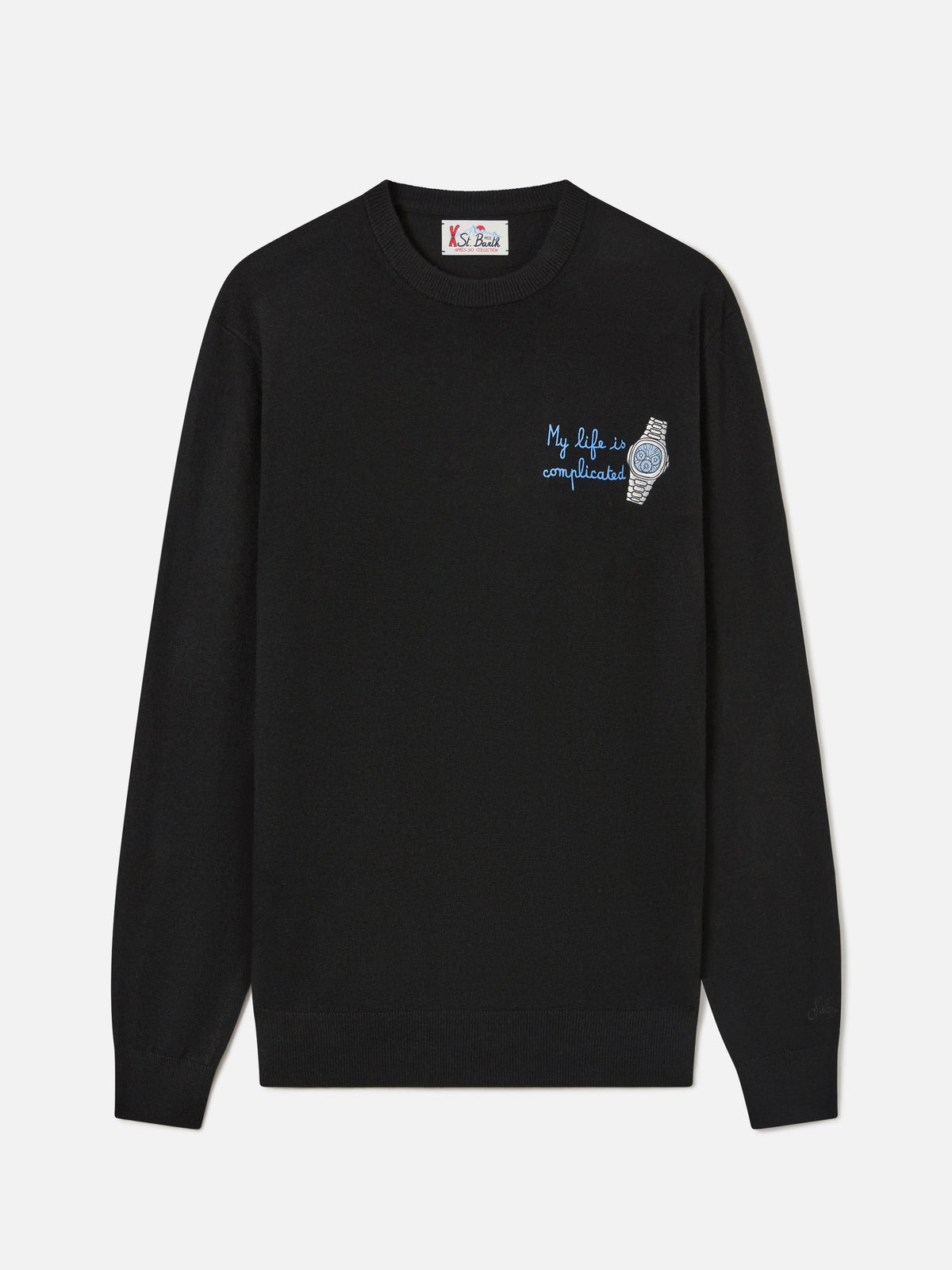 Maglia girocollo Heron Light nera in misto lana e cashmere con ricamo My Life Is Complicated