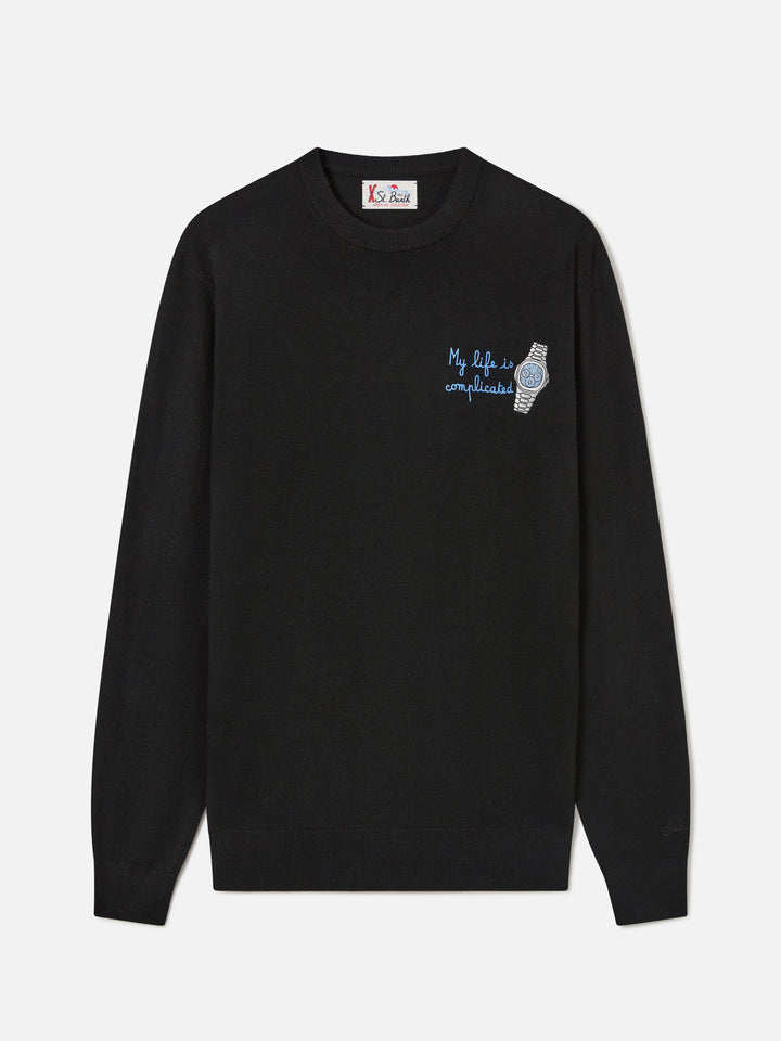 Maglia girocollo Heron Light nera in misto lana e cashmere con ricamo My Life Is Complicated