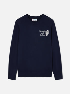 Navy blue Heron Light wool and cashmere blend crewneck with Non Voglio Mica La Luna embroidery