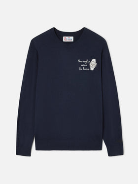 Jersey de cuello redondo Navy blue Heron en mezcla ligera de lana y cachemir con bordado Non Voglio Mica La Luna 