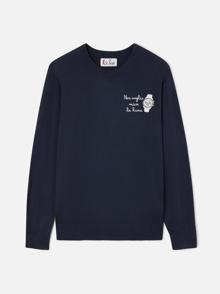 Maglia girocollo Heron Light blu navy in misto lana e cashmere con ricamo Non Voglio Mica La Luna
