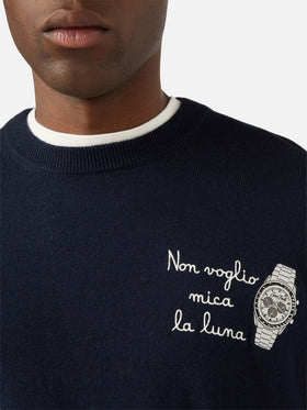 Jersey de cuello redondo Navy blue Heron en mezcla ligera de lana y cachemir con bordado Non Voglio Mica La Luna 