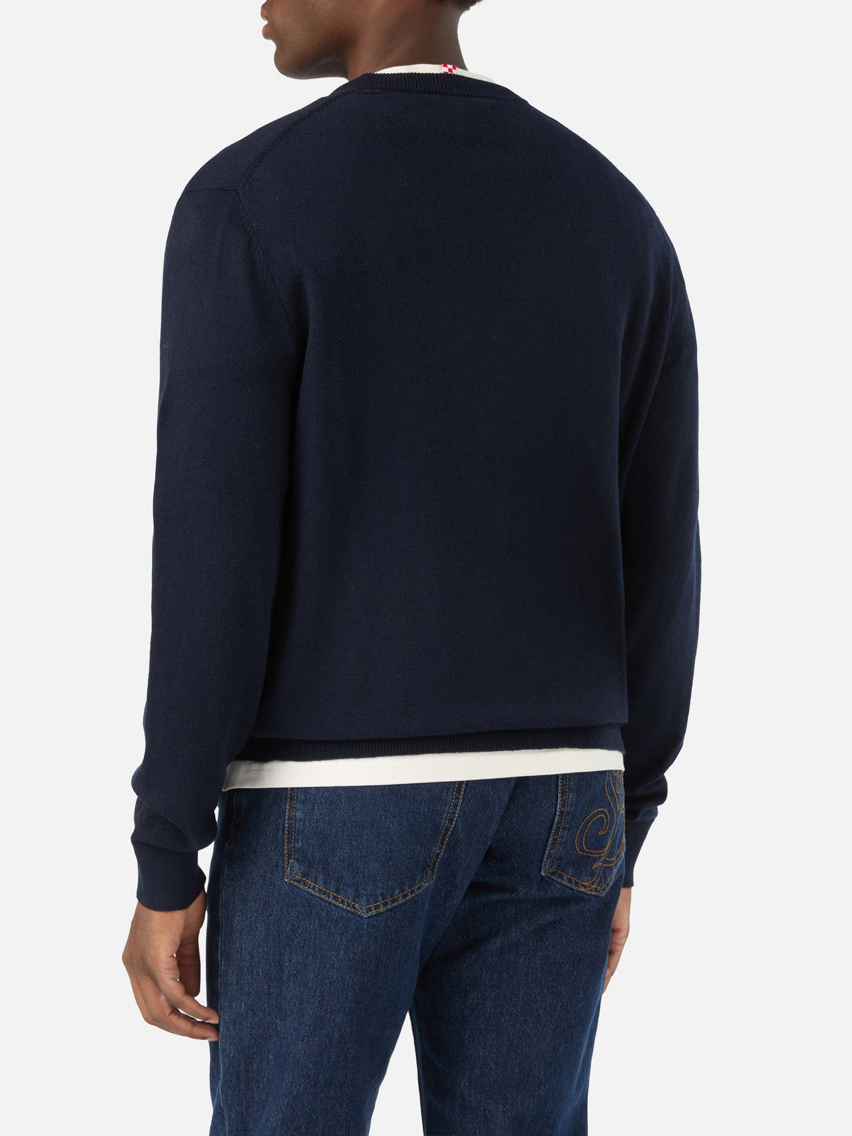 Jersey de cuello redondo Navy blue Heron en mezcla ligera de lana y cachemir con bordado Non Voglio Mica La Luna 