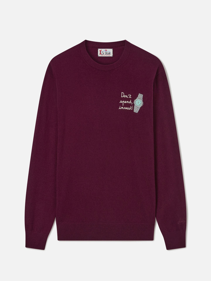 Maglia girocollo Heron Light bordeaux in misto lana e cashmere con ricamo Don't Spend, Invest