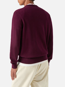 Burgundy Heron Light wool and cashmere blend crewneck with Don't Spend, Invest embroidery
