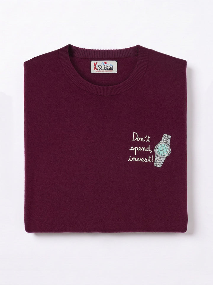 Burgundy Heron Rundhalspullover aus leichter Woll- und Kaschmirmischung mit Don't Spend, Invest-Stickerei 