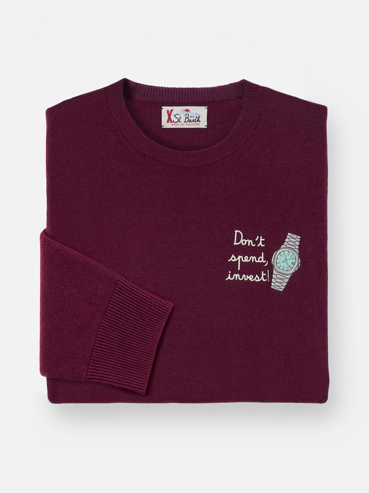 Jersey de cuello redondo Burgundy Heron en mezcla ligera de lana y cachemira con bordado Don't Spend, Invest 