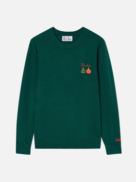 Green Heron Light wool and cashmere blend crewneck with Che Due embroidery