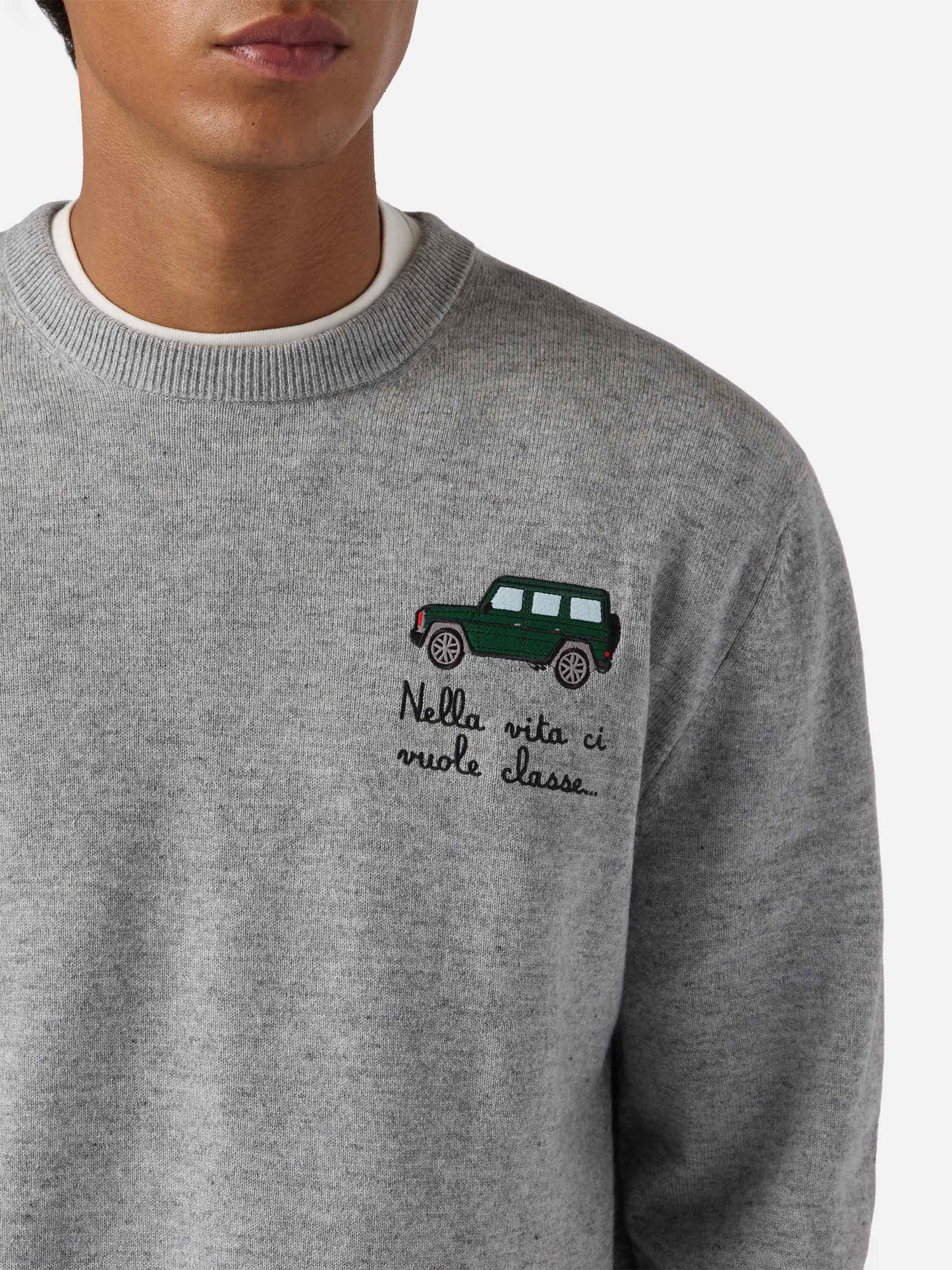 Crewneck sweater Heron Light with Nella vita ci vuole classe embroidery