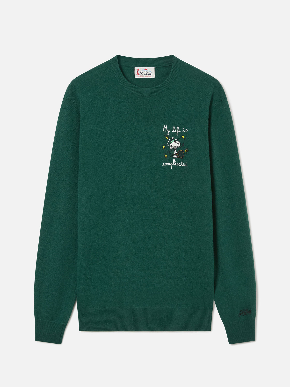 Green Heron Jersey de cuello redondo en mezcla de lana ligera y cachemira con bordado de Snoopy | Special edition 