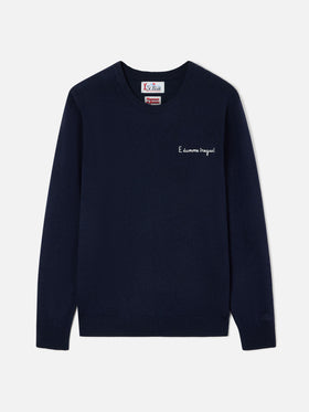 Navy blue Heron Rundhalsausschnitt aus leichtem Wolle-Kaschmir-Mix mit E Damme Tregua-Stickerei | Special edition 