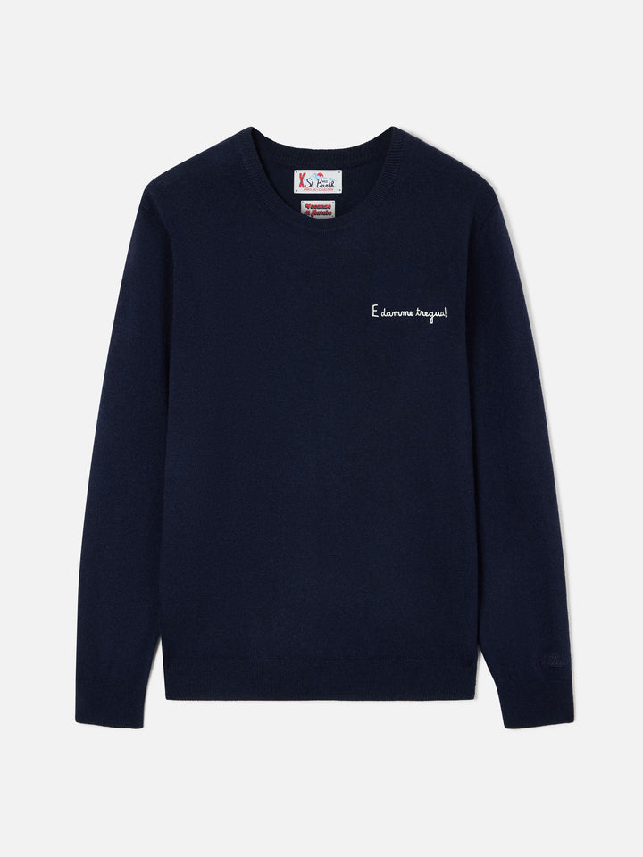 Héron Navy blue en mélange de laine légère et cachemire, col rond, avec broderie E Damme Tregua | Special edition 