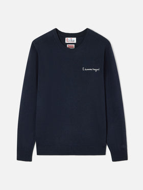Navy blue Heron Rundhalsausschnitt aus leichtem Wolle-Kaschmir-Mix mit E Damme Tregua-Stickerei | Special edition 