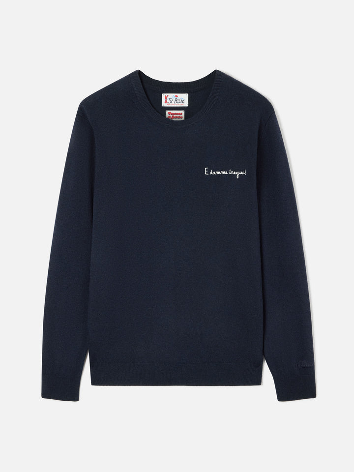 Maglia girocollo Heron Light blu navy in misto lana e cashmere con ricamo E Damme Tregua | Special edition