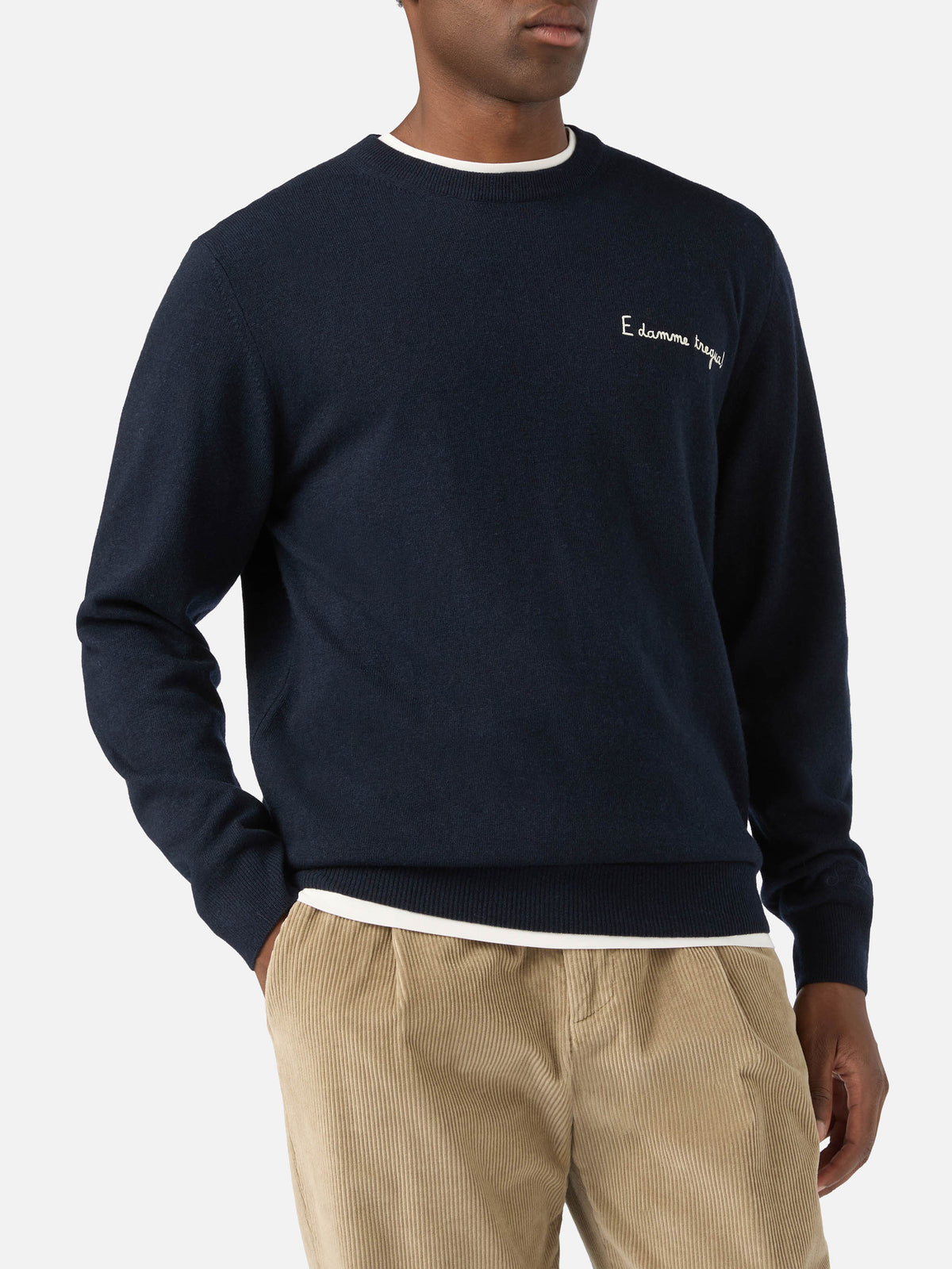 Navy blue Heron Rundhalsausschnitt aus leichtem Wolle-Kaschmir-Mix mit E Damme Tregua-Stickerei | Special edition 