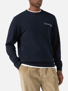 Navy blue Heron Rundhalsausschnitt aus leichtem Wolle-Kaschmir-Mix mit E Damme Tregua-Stickerei | Special edition 