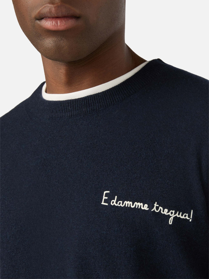 Héron Navy blue en mélange de laine légère et cachemire, col rond, avec broderie E Damme Tregua | Special edition 