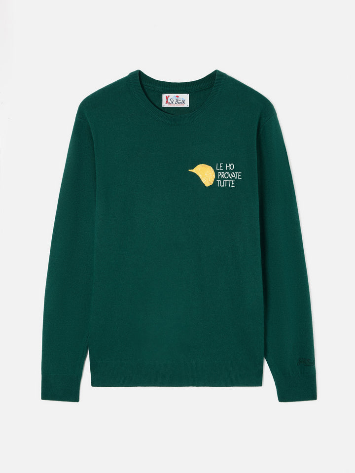Green Heron Pull ras-du-cou en mélange léger de laine et cachemire avec broderie Amica Chips | Special edition 