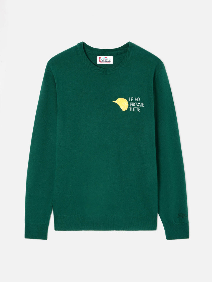 Maglia girocollo Heron Light verde in misto lana e cashmere con ricamo Amica Chips | Special edition