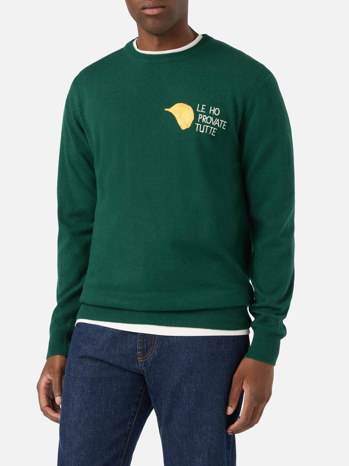 Maglia girocollo Heron Light verde in misto lana e cashmere con ricamo Amica Chips | Special edition
