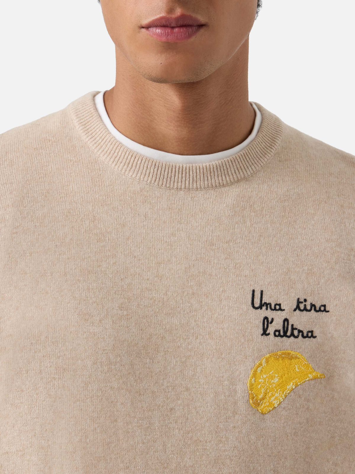 Beige Heron Light wool and cashmere blend crewneck with Amica Chips embroidery | Special edition