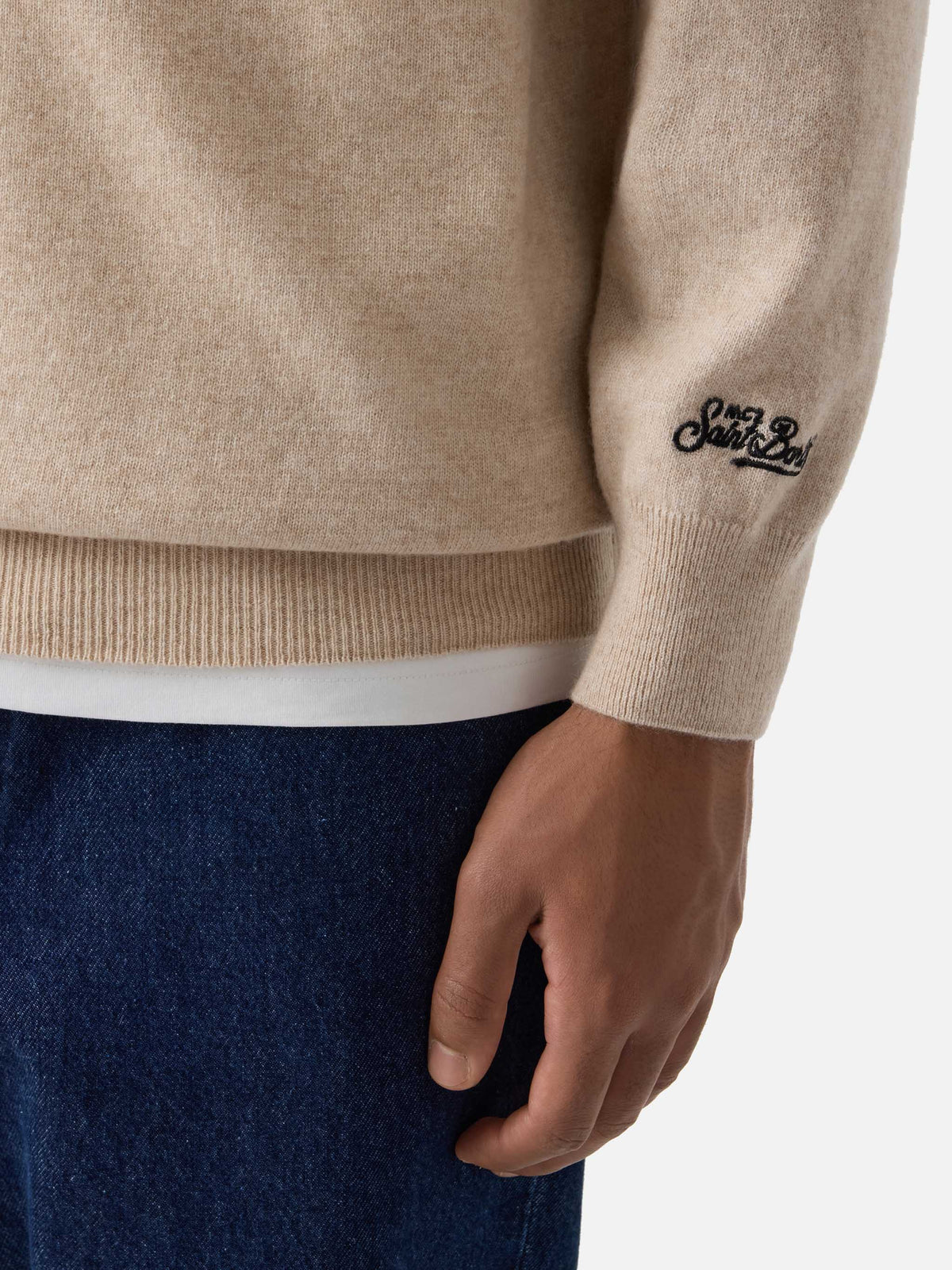 Beige Heron Light wool and cashmere blend crewneck with Amica Chips embroidery | Special edition
