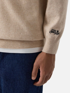 Beige Heron Light wool and cashmere blend crewneck with Amica Chips embroidery | Special edition