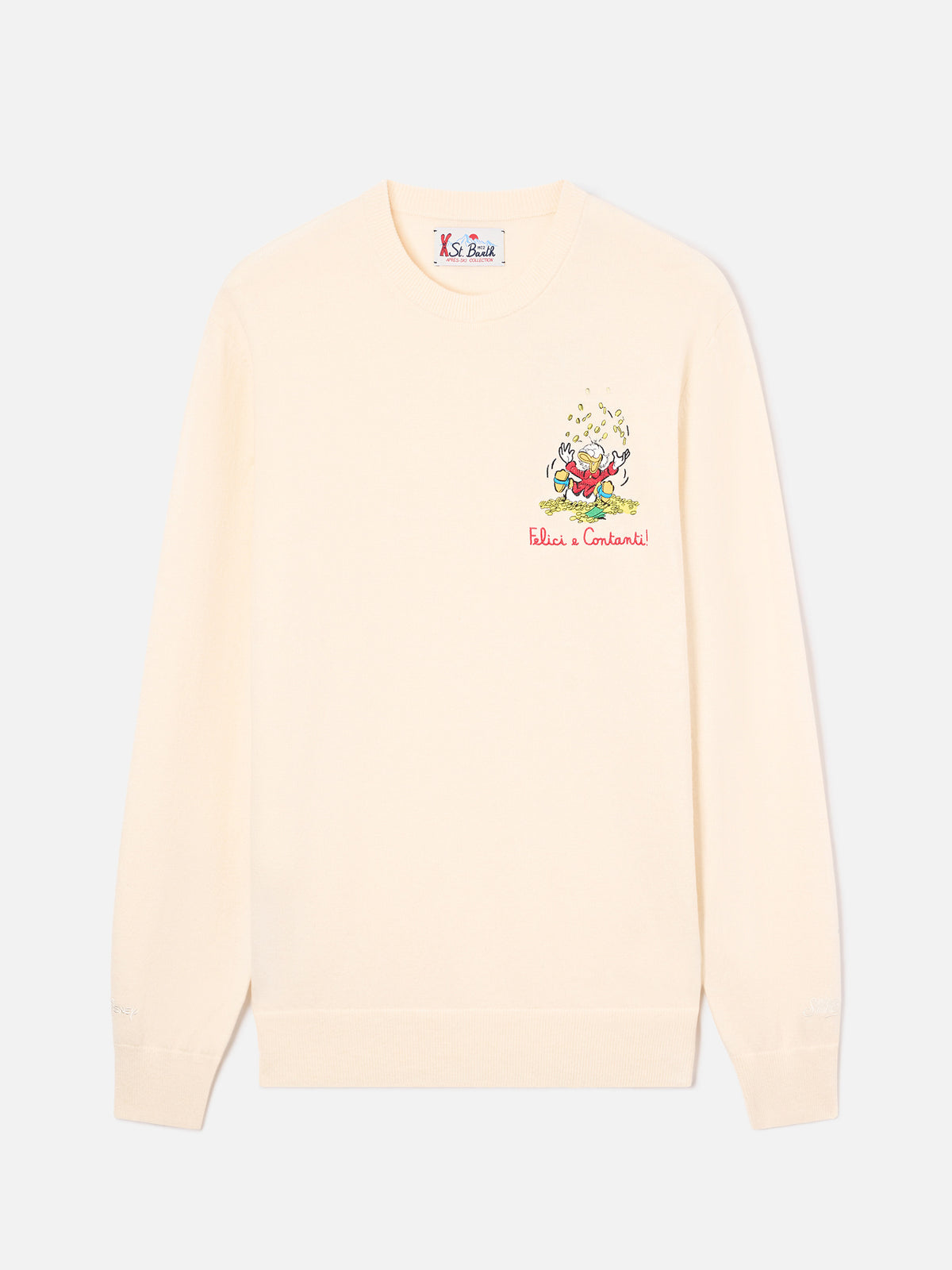 Off white Heron Rundhalspullover aus leichter Woll- und Kaschmirmischung mit Scrooge-McDuck-Stickerei | Special edition 