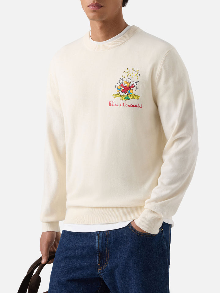 Off white Heron Rundhalspullover aus leichter Woll- und Kaschmirmischung mit Scrooge-McDuck-Stickerei | Special edition 
