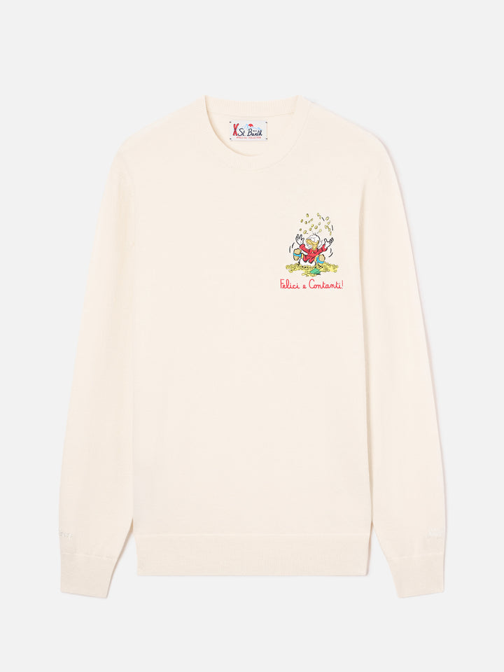 Off white Heron Rundhalspullover aus leichter Woll- und Kaschmirmischung mit Scrooge-McDuck-Stickerei | Special edition 