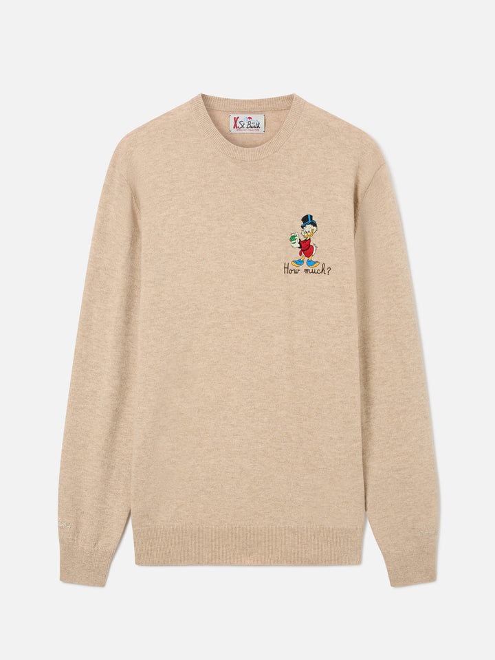 Beige Heron Rundhalspullover aus leichter Wolle und Kaschmirmischung mit Scrooge McDuck-Stickerei | Special edition 