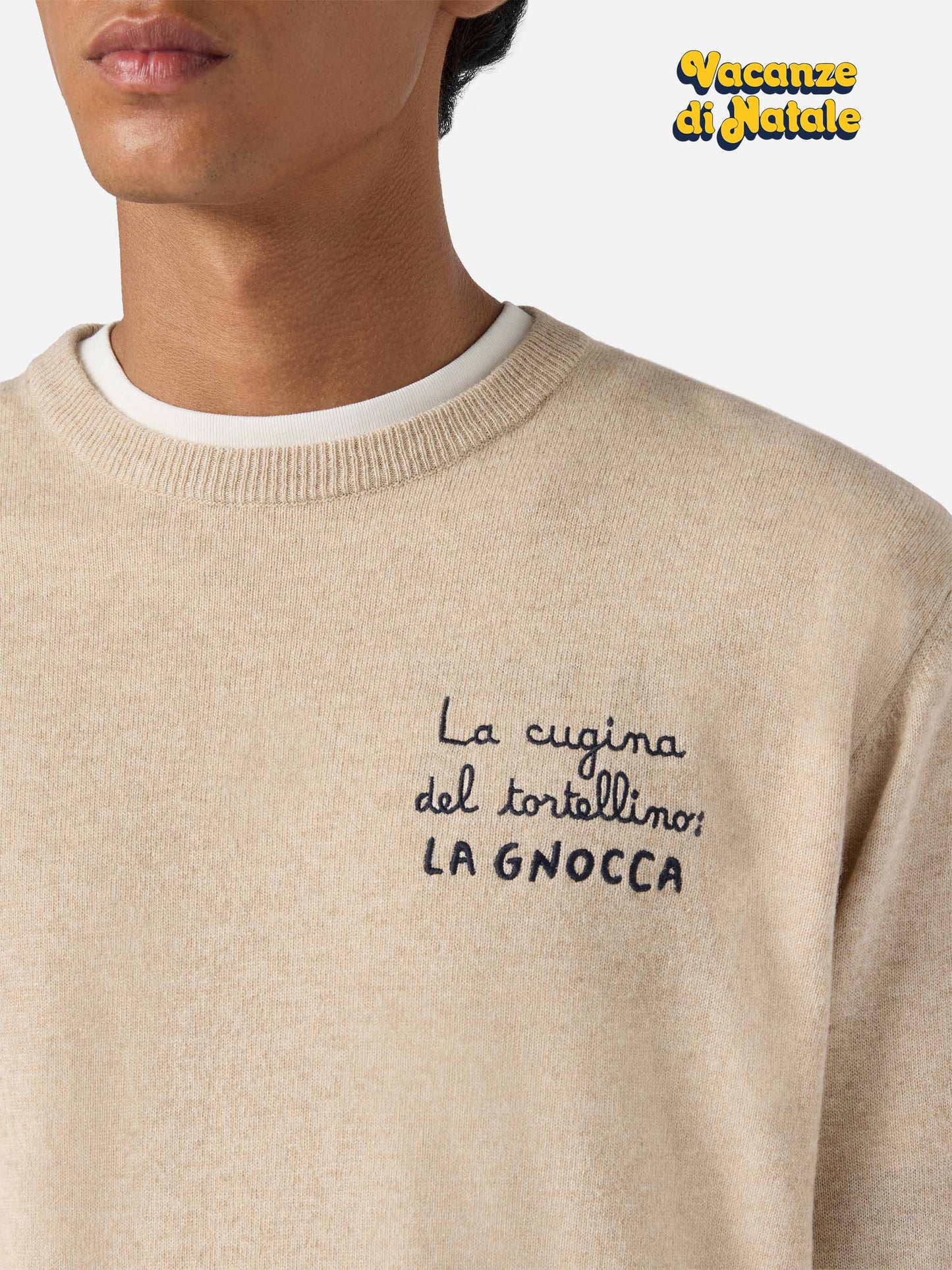 Crewneck sweater Heron Light with La cugina del tortellino, la Gnocca! embroidery | VACANZE DI NATALE SPECIAL EDITION