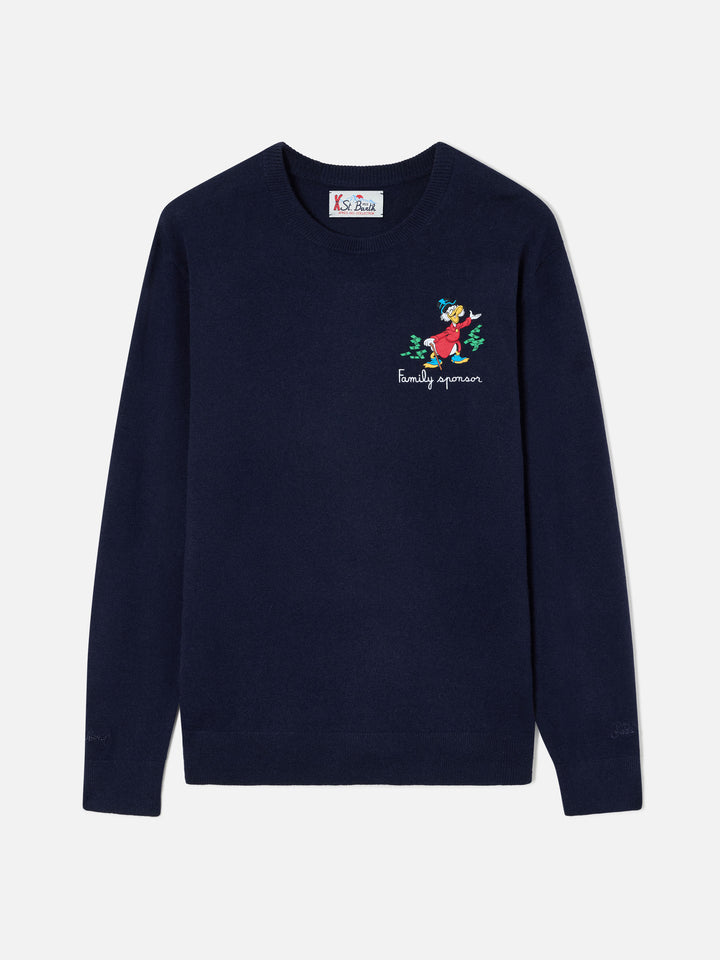 Navy blue Heron col rond en mélange de laine légère et de cachemire avec broderie Scrooge McDuck | Special edition 