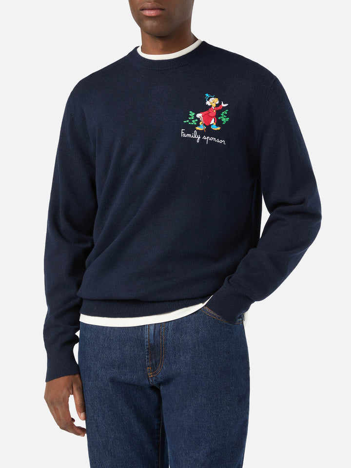 Navy blue Heron col rond en mélange de laine légère et de cachemire avec broderie Scrooge McDuck | Special edition 