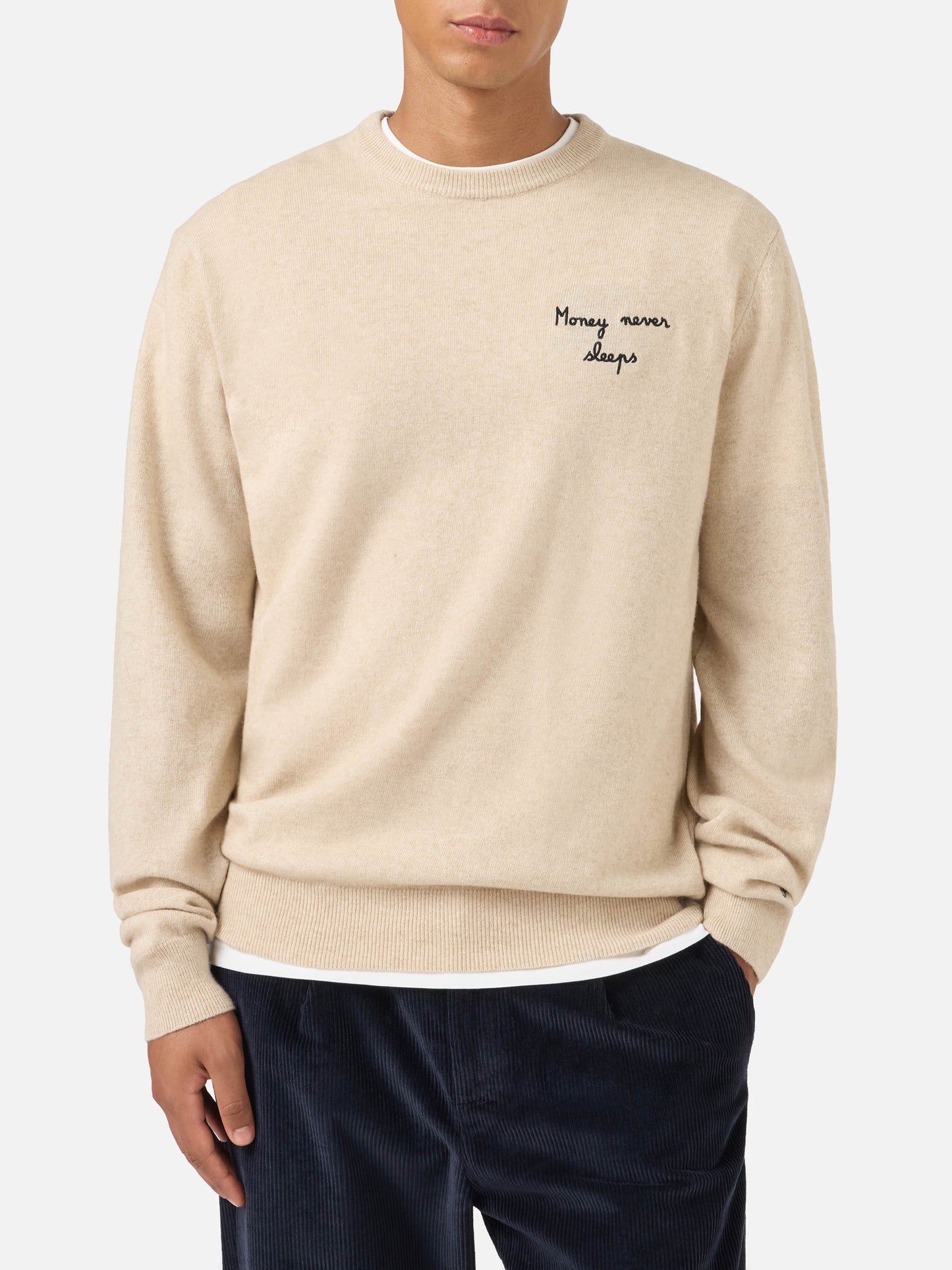 Heron Light crewneck knitwear in beige with Wall Street Money Sleep embroidery