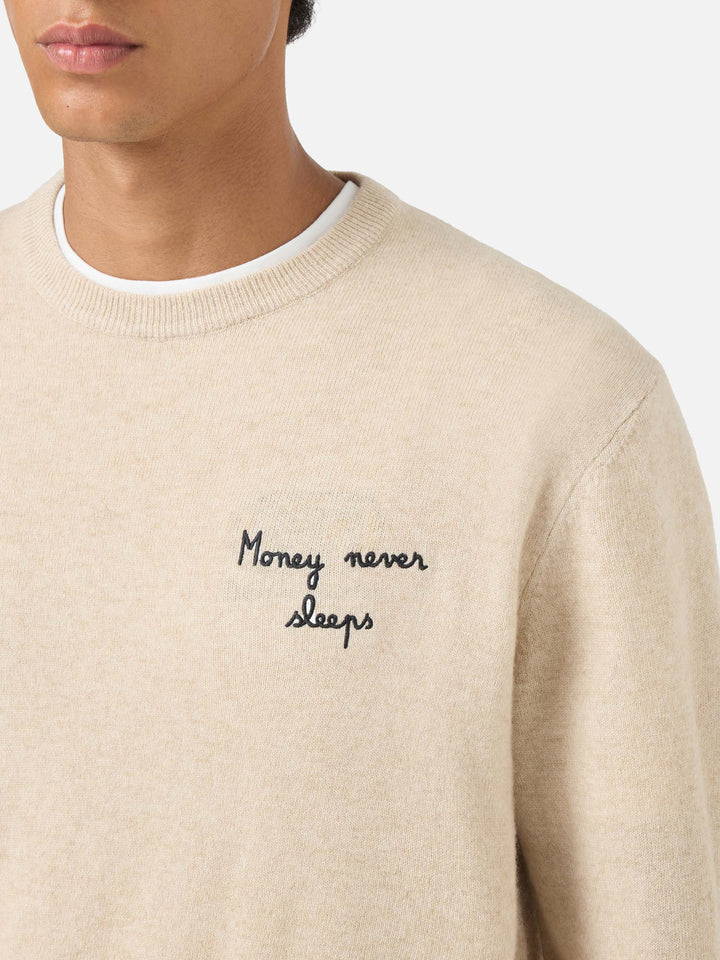 Maglione Heron Light girocollo beige con ricamo Wall Street Money Sleep
