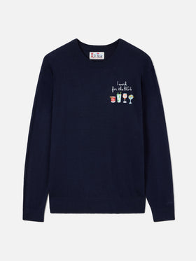 Navy blue Heron col rond en mélange de laine légère et cachemire avec broderie Big 4 