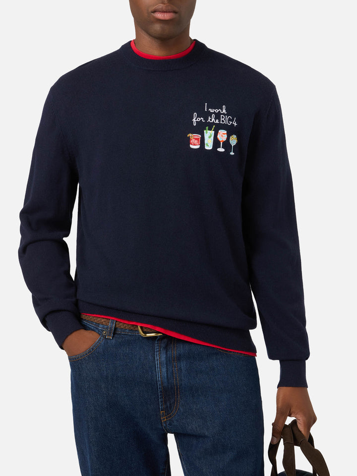 Navy blue Heron Light wool and cashmere blend crewneck with Big 4 embroidery