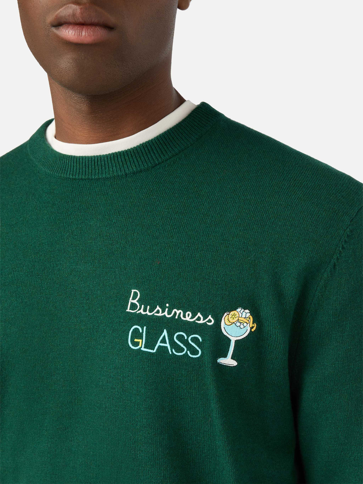 Green Heron jersey de cuello redondo en mezcla ligera de lana y cachemira con bordado Business Glass 
