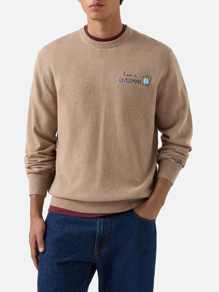 Beige Heron Rundhalspullover aus leichter Wolle und Kaschmir-Mix mit Gintleman-Stickerei 
