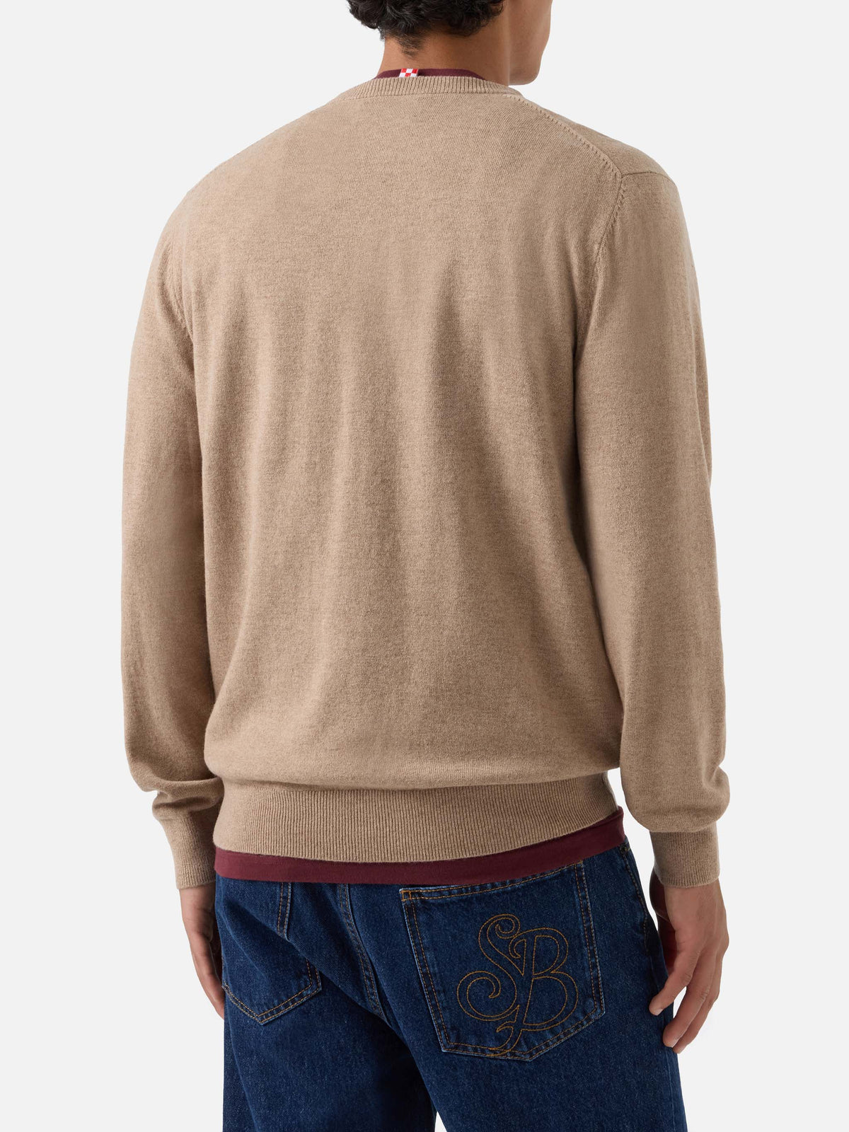 Beige Heron Rundhalspullover aus leichter Wolle und Kaschmir-Mix mit Gintleman-Stickerei 