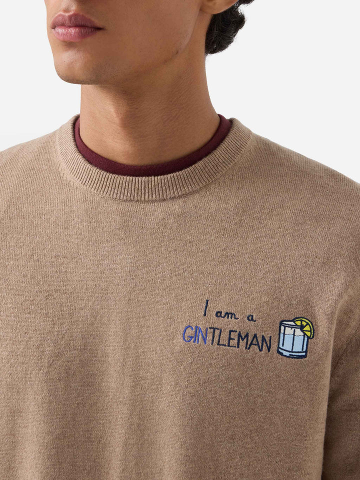 Beige Heron Light wool and cashmere blend crewneck with Gintleman embroidery