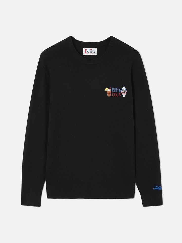 Pull col rond Black Heron en mélange léger de laine et cachemire avec broderie Rum & Cola 