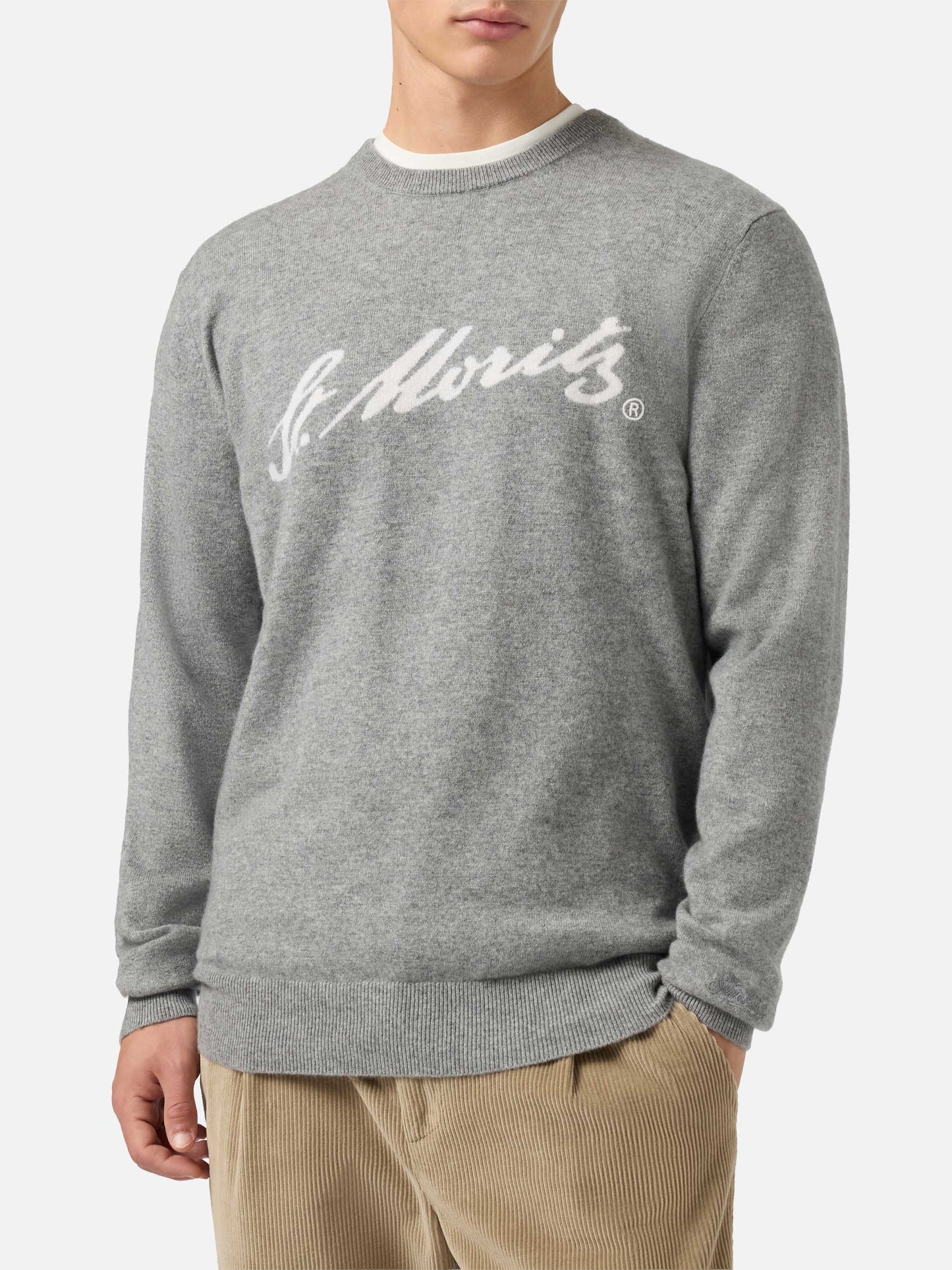 Grauer Heron Light Pullover aus 100 % Kaschmir mit St. Moritz Intarsien | ST. MORITZ TOP OF THE WORLD